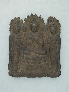 Amida (Amitabha) Triad and Two Priests Made by hammering copper plates