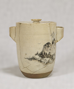 Water Jar with a Landscape, Stoneware with underglaze iron oxide