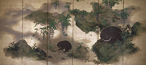 Bears with Wisteria and Rocks, and Wild Boar in Bush Clover Field