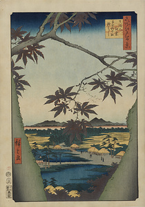 “The Maple Trees at Mama, Tekona Shrine, and the Linked Bridge” from the Series  [One Hundred Famous Places of Edo]