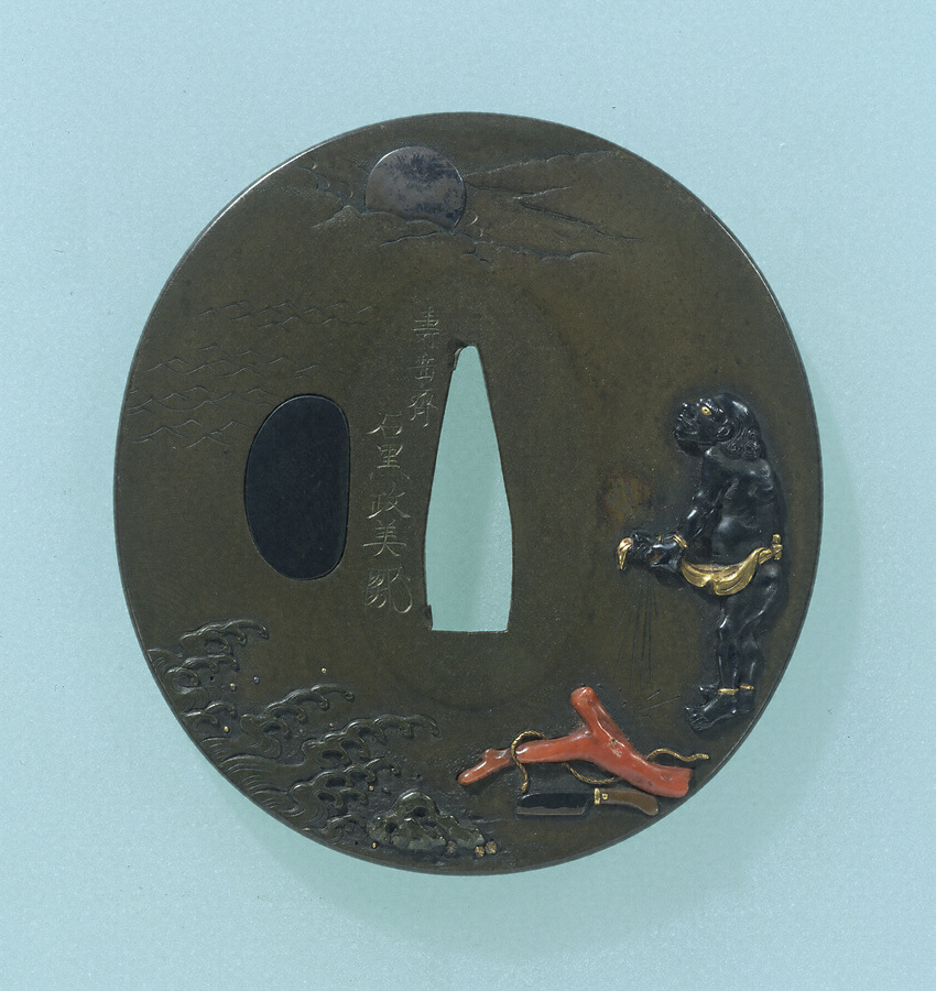 銅鍔 鐔 (宗有 鬼に碁盤と蛛の糸図) 江戸時代 - 武具
