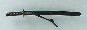 Wakizashi Style Sword Mounting, With ribbed black-lacquered scabbard