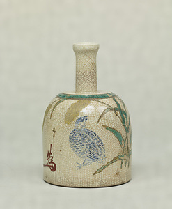 Sake Bottle in Shape of Cloth-fulling Block Quail and millet design in overglaze enamel