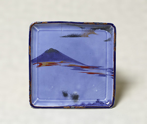 Square Dish Light blue glaze; Mount Fuji design with gold and silver