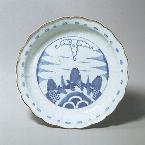 Large Dish with Foliate Rim, Design of carp ascending a waterfall in underglaze blue