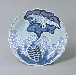Large Dish, Partial celadon glaze; crane and tortoise design in underglaze blue