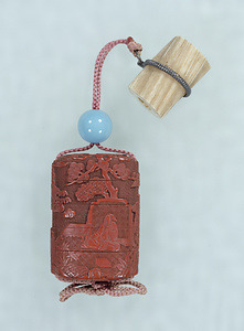 "Inro" (Medicine case), Design of Chinese figures in carved red lacquer