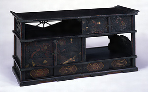 Cabinet, Crane, turtles and camellia design in carving and lacquer painting