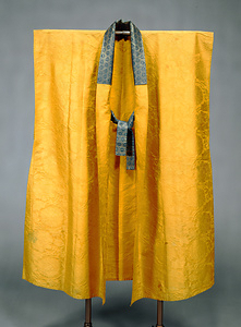 Jinbaori Coat for Warriors, Yellow damask with peony scrolls pattern