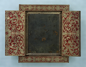 Mirror Case with Hinged Double-Doors Floral design of on deep red leather ground