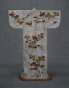 Uchikake (Outer garment) Rock, peony, and blue magpie design on white twill ground