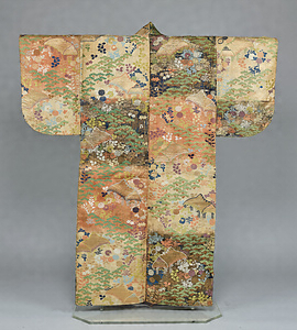Karaori Garment(Noh Costume), Design of pavilions, pine and autumn grasses on red, white and brown checkered ground