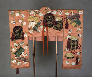Juban (Undergarment for Kabuki Theatre) Paper hina-doll and pails of shell matching game design on pink satin ground
