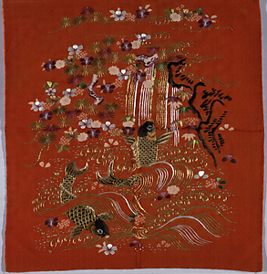 "Fukusa" (Gift cover), Cherry blossom, waterfall, and carp design on red crepe ground