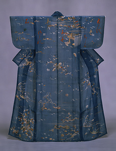 Katabira (Summer garment) Design of landscape, pavilions and symbols for Genji-ko incense game on light blue ramie ground