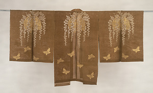 Choken Coat(Noh Costume), Design of wisterias and butterflies on brown ground