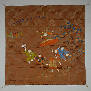 Fukusa (Gift cover) Sumiyoshi dance design on brown [donsu] damask ground