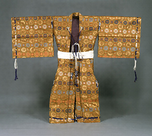 Yoroi-hitatare (Suit worn under armor) Brown and gold brocade with geometric design