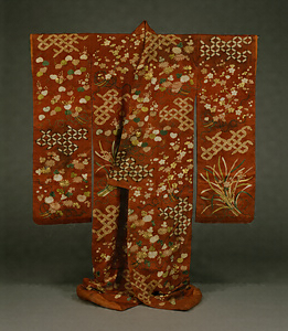 Uchikake (Outer garment) Narcissus, plum tree, hollyhock, chrysanthemum, and interlocking circles design on red figured satin ground