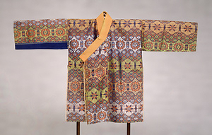 "Dogin" (Outer garment), Brocade with floral design on dark blue ground