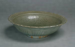 Shallow Bowl with Foliate Rim Celadon glaze with lotus flower design