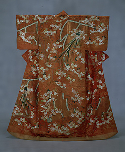 Uchikake (Outer garment) Bamboo curtain, herbal decoration, and cherry blossom design on red figured satin ground