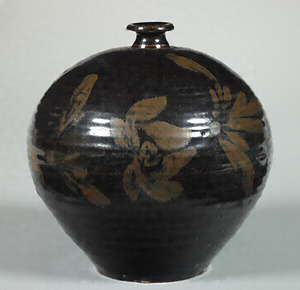 Vase with Peonies Stoneware with black glaze and underglaze brown
