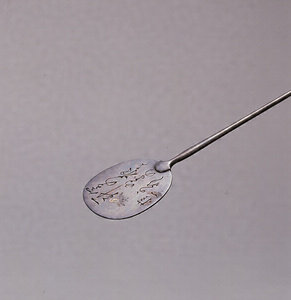 Hair Pin, With fan ornament with waka poem and flowing water design