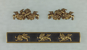Set of Two Sword Fittings: "Menuki" and "Kozuka", Design of three lions