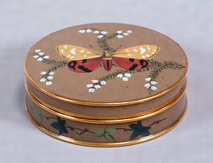 Covered box, Minton Ware, England, Polychrome buttefly design