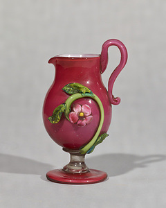 Small Vase with Handle Red glass, floral design in relief