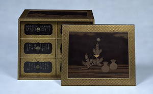 Cabinet for Volumes of The Tale of Genji Motif from the Hatsune chapter of The Tale of Genji in maki-e lacquer