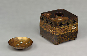 Sake Cup and Stand, Stylized wave and bird design in "maki-e" lacquer and mother-of-pearl inlay