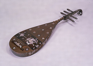 （Copy）Five-stringed Biwa(musical instrument）, Design of camel rider in mother-of-pearl inlay.
