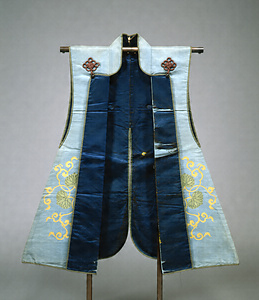 Jinbaori (Coat Worn over Armor) Brocade, hollyhock scroll design on light blue ground