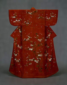 Uchikake (Outer garment) Cherry spray and cloud design on red figured satin
