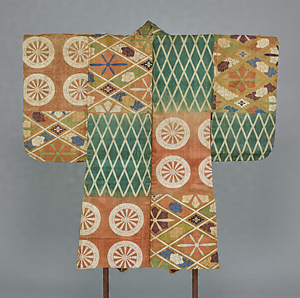 Atsuita Garment(Noh Costume) Design of wheels, fishing nets and lozenges on red, green and light brown checkered ground