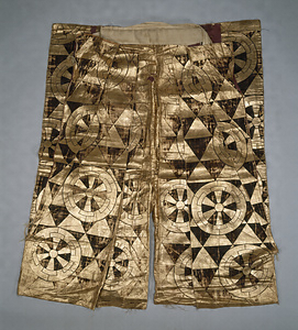 Hangire Trousers (Noh costume) Stylized fish scale and countly carriage-wheel design on purple ground