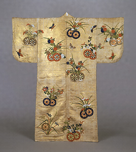 Nuihaku Garment (No Costume) Flower cart and butterfly design on white satin with gold leaf