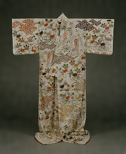 &quot;Kosode&quot; (Garment with small wrist openings), Peony, wisteria, chrysanthemum bouquet, and fret pattern design on white figured satin ground