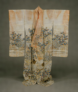 Katabira Garment for Summer Design of flowering plants, streams, and carps on white ramie