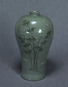 Vase Celadon glaze with plum tree, bamboo, reed, willow, and waterfowl design in inlay