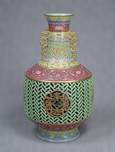 Vase with Two Lugs Openwork and arabesque design in famille rose enamel