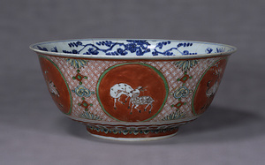 Bowl with Cranes and Deer, Porcelain with underglaze blue, overglaze enamel, and gold