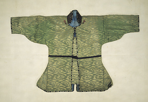 "Kaji Shozoku" (Suit worn at scene of fire): Undergarment and Chest Cover , "Matsukawabishi" (pine-bark lozenge), peony and dragon  roundel design on light-green damask ground