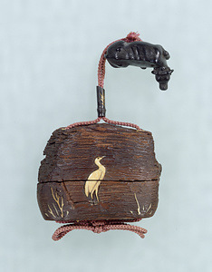 Inro (Medicine case), Moon, reed, and heron design in inlay