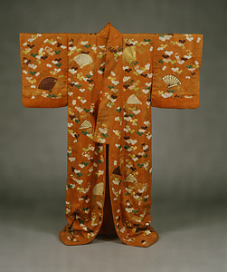 Uchikake (Outer garment) Vine and cypress-fan design on red figured satin ground