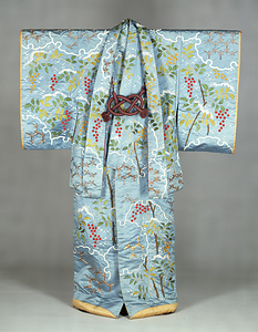 Haori Robes (Kabuki costume) Snowflake and nandina plant design on light blue satin ground