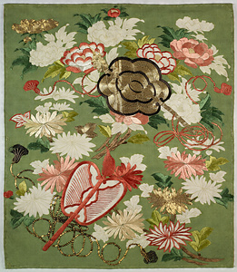 [Fukusa] (Gift cover) Peony, chrysanthemums and military fan design on light green ground