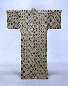 Kosode(Garment with Small Wrist Openings) Design of hexagons on black figured silk satin ground